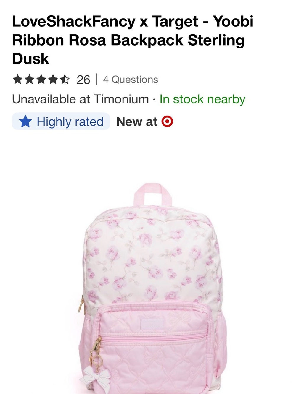 LoveShackFancy x Target Pink Floral Ribbon Rosa Quilted Backpack Sterling Dusk